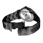 Stylish black mechanical wristwatch with a transparent dial showcasing intricate gears and movement, perfect for watch enthusiasts and collectors.