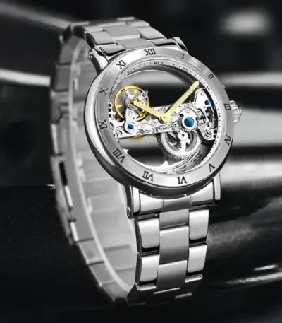 A sophisticated skeleton mechanical watch showcasing intricate internal gears and a sleek silver band, perfect for science and engineering enthusiasts.