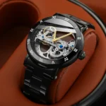 Luxury skeleton mechanical watch showcasing intricate internal gears and Roman numeral markers, perfect for watch enthusiasts and collectors.