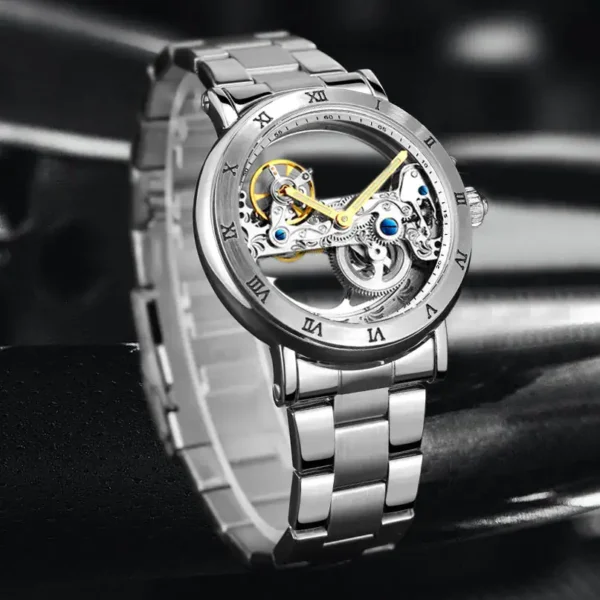 A sophisticated skeleton mechanical watch showcasing intricate internal gears and a sleek silver band, perfect for science and engineering enthusiasts.