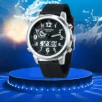 Durable water-resistant watch with digital and analog display, perfect for sports and outdoor activities, featuring a sleek black strap and stainless steel case.