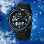 A versatile black digital and analog sports watch with a durable strap, featuring water resistance up to 50 meters, perfect for outdoor activities and everyday wear.