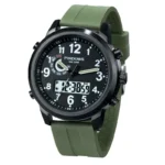 Durable green silicone strap watch with black case, featuring analog and digital displays, perfect for sports and outdoor activities.