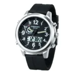 Modern digital and analog sports watch with black dial, silver case, and black strap, featuring multiple functions including date, stopwatch, and water resistance.