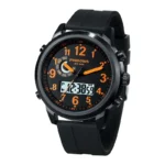 Modern black sports wristwatch with digital and analog display, featuring orange accents, multiple dials, and water resistance, ideal for active lifestyles.