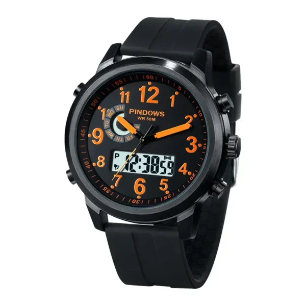 Modern black sports wristwatch with digital and analog display, featuring orange accents, multiple dials, and water resistance, ideal for active lifestyles.