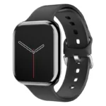 Smartwatch with sleek black strap and modern digital face showing time and date. Perfect for fitness tracking, notifications, and everyday use.