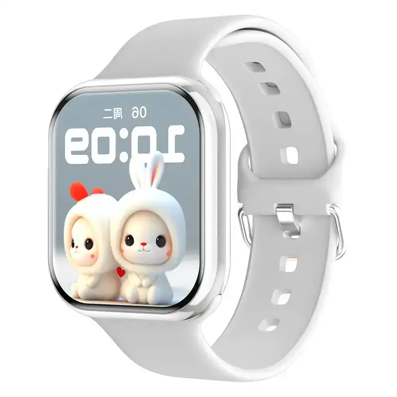 Cute bunny-themed smartwatch with a white band and digital display. A white smartwatch featuring adorable bunny characters on the screen, designed for children, with a flexible band and easy-to-read digital clock.