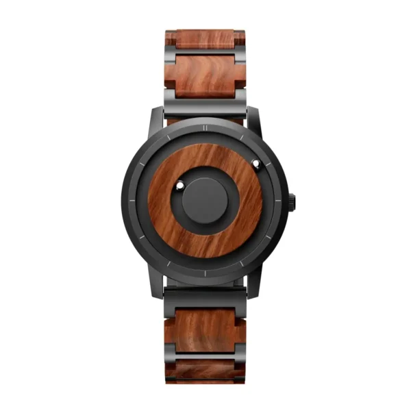 A stylish wooden wristwatch with a minimalist design, featuring a round face and a combination of wood and metal materials. Perfect for science enthusiasts and fashion-forward individuals.