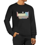 Black sweatshirt featuring a colorful periodic table design, perfect for science enthusiasts and students.
