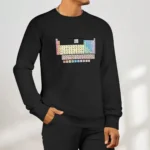 Black sweatshirt featuring a colorful, detailed periodic table design, perfect for science lovers and students.