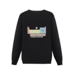 Black sweatshirt featuring a colorful periodic table of elements design, perfect for science enthusiasts and students.