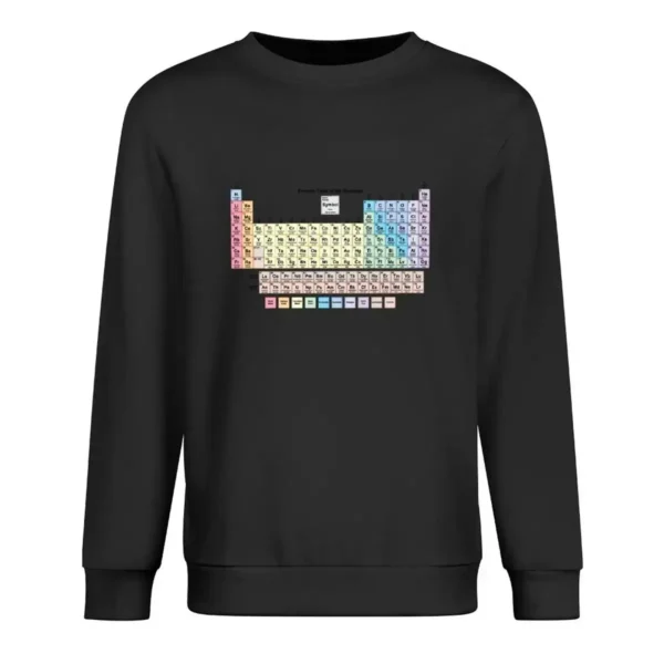 A sweatshirt featuring a colorful, detailed periodic table of elements design, perfect for science enthusiasts and students.