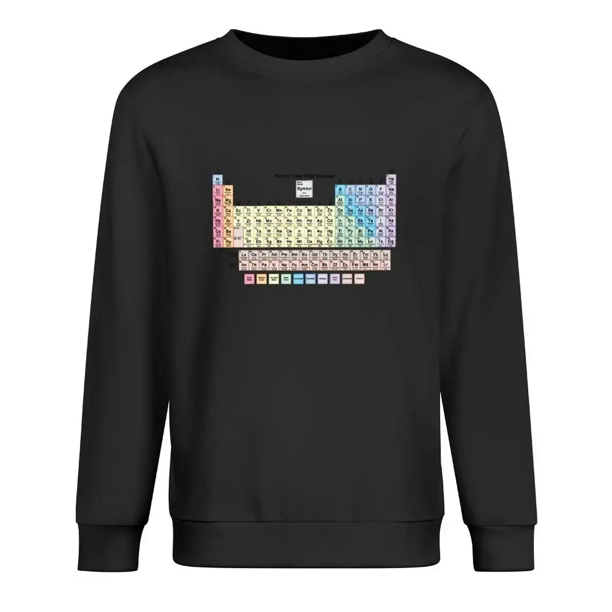A sweatshirt featuring a colorful, detailed periodic table of elements design, perfect for science enthusiasts and students.