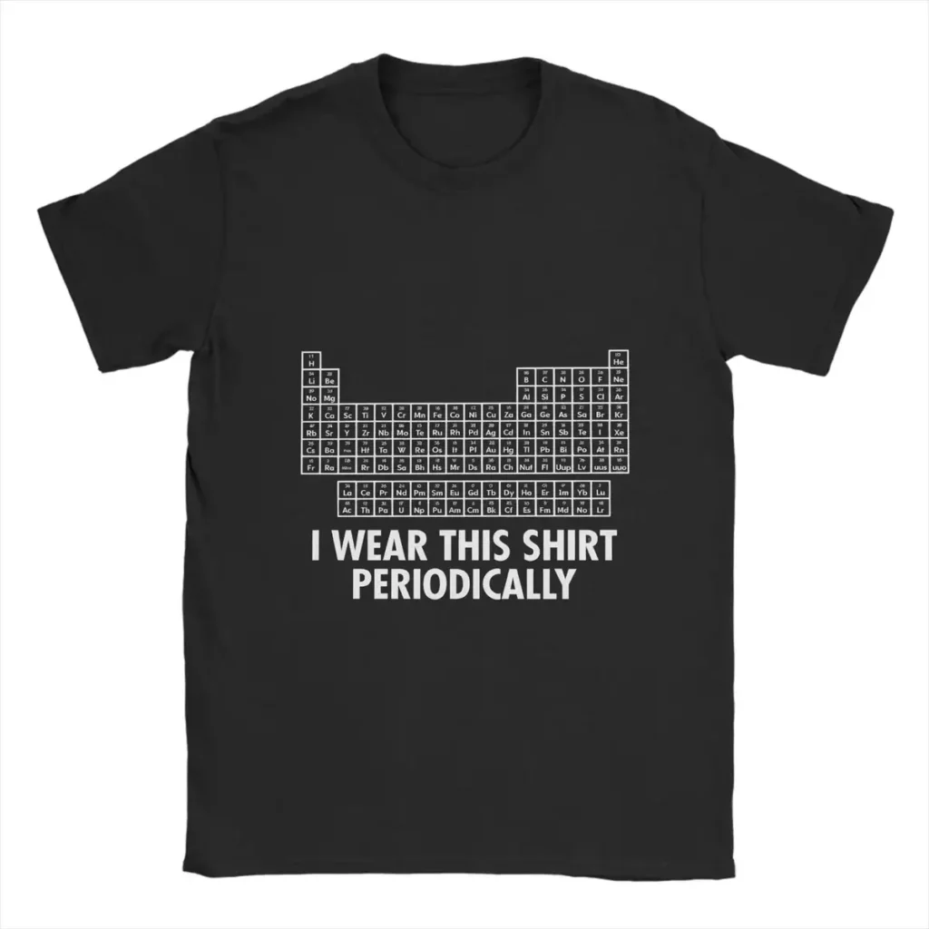 Black T-shirt featuring a humorous periodic table design with the phrase "I wear this shirt periodically" for science enthusiasts.