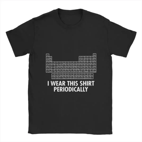 Black T-shirt featuring a humorous periodic table design with the phrase "I wear this shirt periodically" for science enthusiasts.