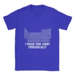 Blue T-shirt featuring a humorous periodic table design with the phrase "I Wear This Shirt Periodically" in white text.