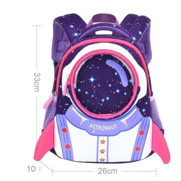 Bright space-themed children's backpack featuring an astronaut helmet design with starry sky pattern, pink accents, and adjustable straps. Perfect for school and science enthusiasts.