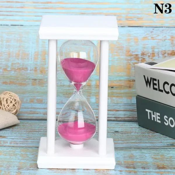 White wooden sand timer with pink sand, ideal for science decor and educational purposes, showcasing a modern and functional design.