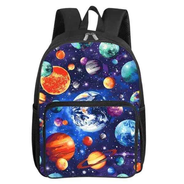 Colorful space-themed backpack featuring planets, stars, and galaxies, perfect for children interested in astronomy and science education.
