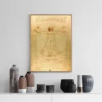 Detailed sketch of Leonardo da Vinci's Vitruvian Man artwork, showcasing human proportions and anatomy.