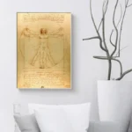 Classic Leonardo da Vinci Vitruvian Man art print, showcasing the iconic anatomical drawing on a neutral wall.
