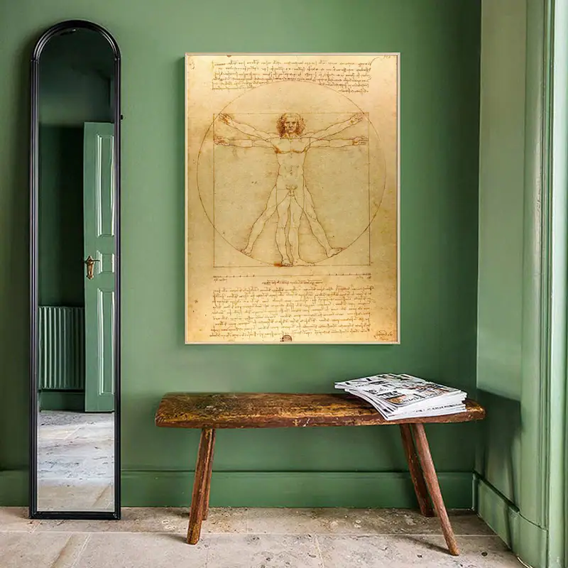 Leonardo da Vinci Vitruvian Man Drawing on Green Wall Classic Vitruvian Man drawing by Leonardo da Vinci displayed on a green wall, with a rustic wooden bench and a tall mirror in a well-lit room.