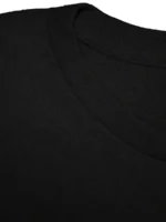 Close-up of a plain black crewneck T-shirt fabric, highlighting the smooth texture and neckline detail. Perfect for casual wear or layering, showcasing simple yet versatile clothing essentials.