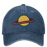 A denim-style baseball cap featuring a colorful planet with rings design, perfect for science enthusiasts and educational settings.