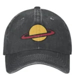Black baseball cap featuring a yellow planet with a red ring, perfect for science enthusiasts and educational settings.