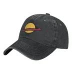 Black denim baseball cap featuring a colorful embroidered Saturn planet design, perfect for science lovers and astronomy fans.
