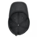 Adjustable black baseball cap shown from inside, featuring a structured crown, ventilation eyelets, and a strap for size adjustment, ideal for casual wear and outdoor activities.