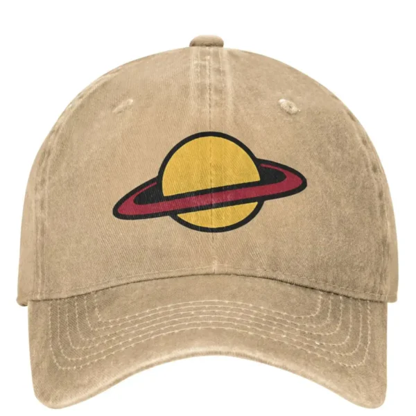 Beige baseball cap with embroidered yellow sun and red ring planet design, casual accessory for science enthusiasts.