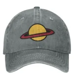 Gray baseball cap featuring a colorful Saturn planet logo with rings, perfect for space enthusiasts and casual wear.