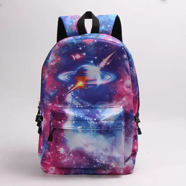 Bright galaxy-themed backpack with space illustrations and vibrant colors.