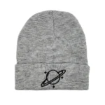 Gray beanie with space-themed embroidery.
