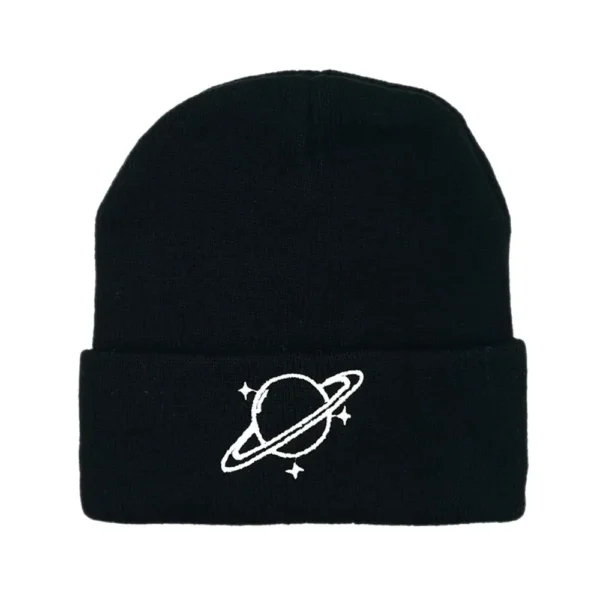 Black beanie hat featuring a white space planet with rings and stars, perfect for science enthusiasts and space lovers.