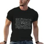 Black T-shirt featuring white scientific diagrams and a cat illustration, perfect for science enthusiasts and educators.