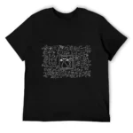 Black T-shirt featuring a white chalk-style illustration of a cat surrounded by scientific symbols and equations, perfect for science enthusiasts and cat lovers.
