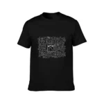 A black T-shirt featuring a white chalk-style drawing of a cat surrounded by scientific symbols and formulas.