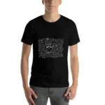 Black T-shirt with scientific diagram print, casual style.