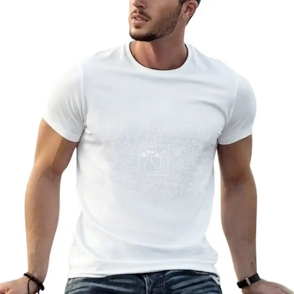 Male model wearing a white T-shirt with a subtle scientific design.