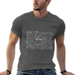 T-shirt with scientific doodles and a cat illustration in the center.