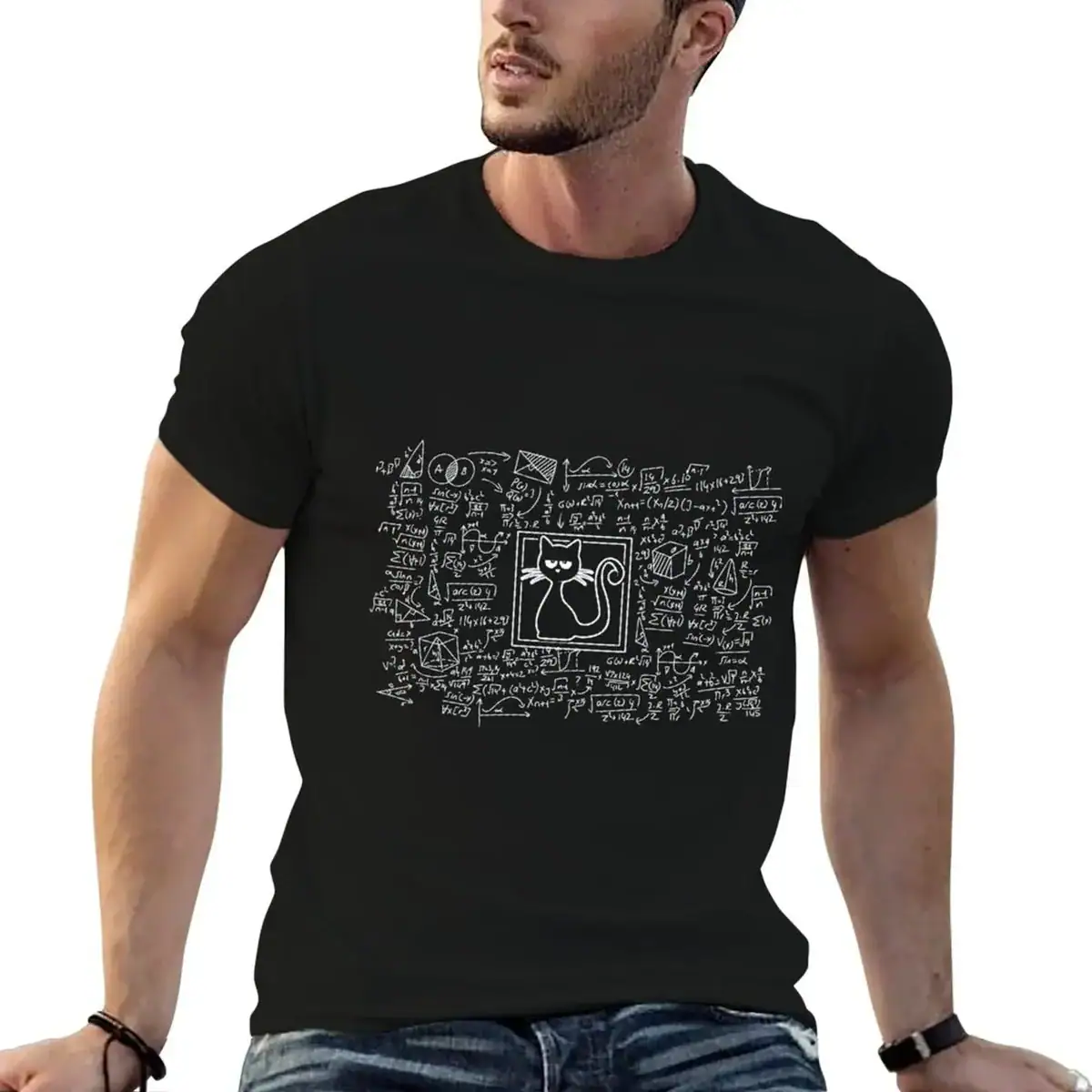 Science Gadgets T-Shirt with Scientific Illustrations Black T-shirt featuring white scientific diagrams and a cat illustration, perfect for science enthusiasts and educators.