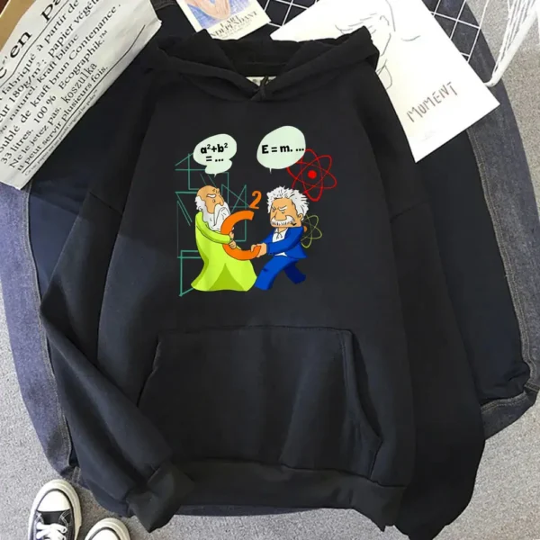 Hoodie featuring cartoon illustrations of Einstein and Newton exchanging scientific symbols, with speech bubbles containing famous equations, perfect for science enthusiasts and students.