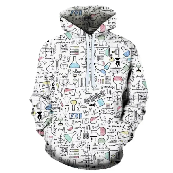 Science-themed hoodie with laboratory equipment print.