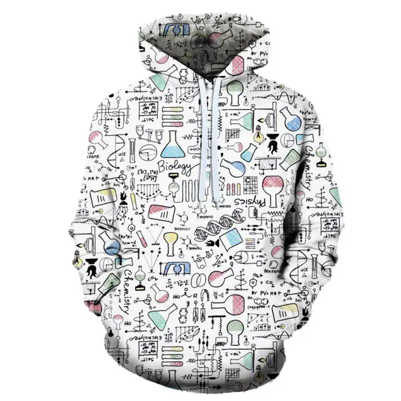 Science-themed hoodie with laboratory equipment print.