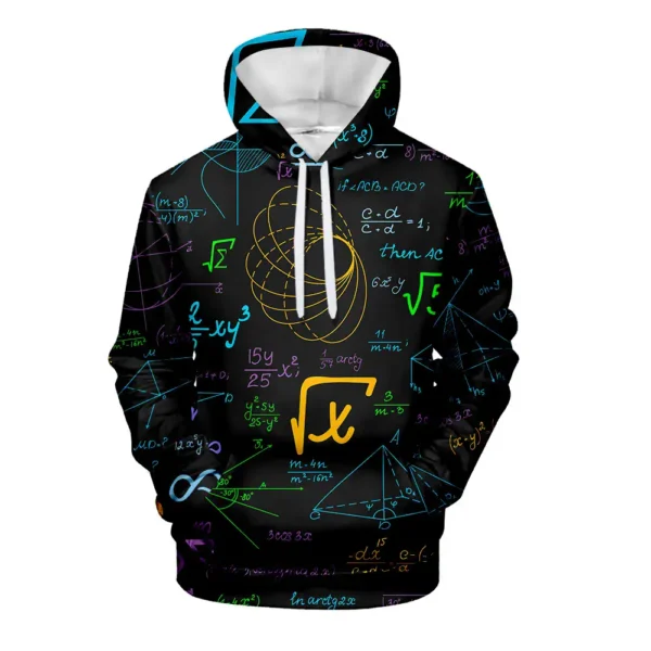 Hoodie with colorful mathematical formulas and symbols on a black background.