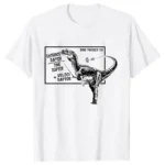 White T-shirt featuring a dinosaur illustration with physics formulas related to velociraptor's speed and movement. Perfect for science enthusiasts and educators.