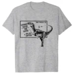 Gray T-shirt featuring a dinosaur diagram with physics concepts like distance, time, velocity, and raptor. Perfect for science enthusiasts and educators.